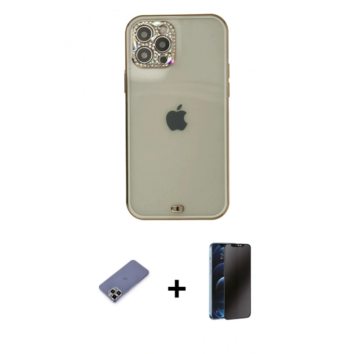 MARSİLYAN™- iPhone 12 Pro Max Kılıf Eksen Minimal Koleksiyonu - Siyah 3D Antistatik Hayalet Cam Ekran Koruyucu + Metal Kamera Lens Koruma Cam - GD