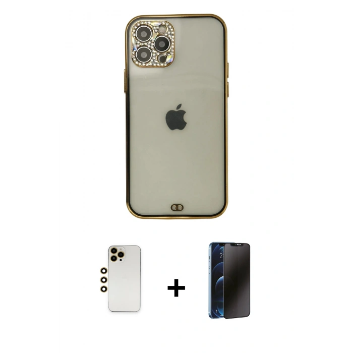 MARSİLYAN™- iPhone 12 Pro Max Kılıf Eksen Minimal Koleksiyonu - Siyah 3D Antistatik Hayalet Cam Ekran Koruyucu + Gold Shine Kamera Lens