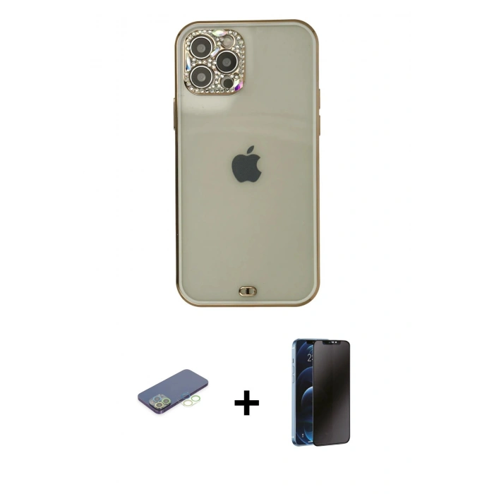 MARSİLYAN™- iPhone 12 Pro Max Kılıf Eksen Minimal Koleksiyonu - Siyah 3D Antistatik Hayalet Cam Ekran Koruyucu + Renkli Kamera Lens Koruma Cam - YL