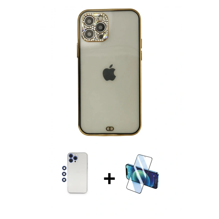 MARSİLYAN™- iPhone 12 Pro Max Kılıf Eksen Minimal Koleksiyonu - Siyah 3D Antistatik Seramik Nano Ekran Koruyucu + Lacivert Shine Kamera Lens