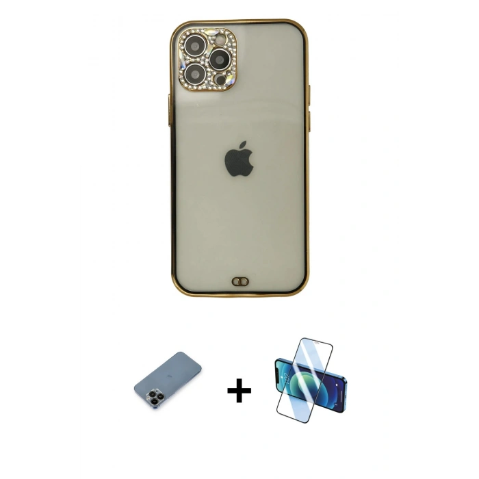 MARSİLYAN™- iPhone 12 Pro Max Kılıf Eksen Minimal Koleksiyonu - Siyah 3D Antistatik Seramik Nano Ekran Koruyucu + Siyah Shine Kamera Lens Koruma Cam