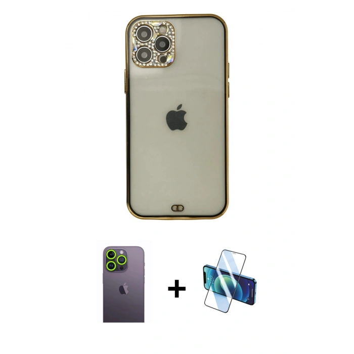 MARSİLYAN™- iPhone 12 Pro Max Kılıf Eksen Minimal Koleksiyonu - Siyah 3D Antistatik Seramik Nano Ekran Koruyucu + Neon Fosforlu Kamera Lens - YL