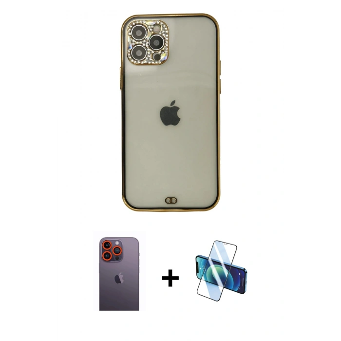 MARSİLYAN™- iPhone 12 Pro Max Kılıf Eksen Minimal Koleksiyonu - Siyah 3D Antistatik Seramik Nano Ekran Koruyucu + Neon Fosforlu Kamera Lens - TU