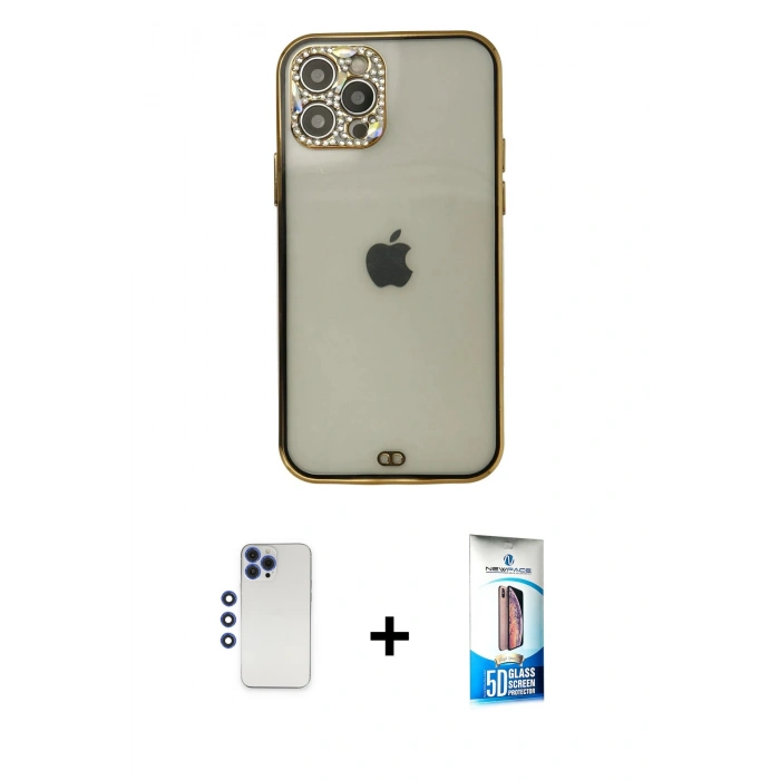 MARSİLYAN™- iPhone 12 Pro Max Kılıf Eksen Minimal Koleksiyonu - Siyah 5D Eko Cam Ekran Koruyucu + Lacivert Shine Kamera Lens