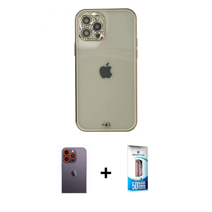 MARSİLYAN™- iPhone 12 Pro Max Kılıf Eksen Minimal Koleksiyonu - Siyah 5D Eko Cam Ekran Koruyucu + Neon Fosforlu Kamera Lens - TU