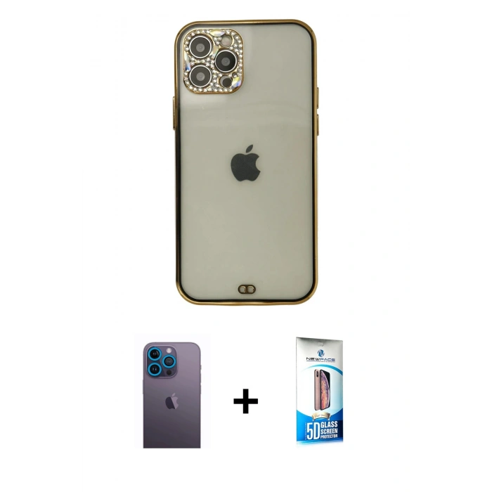 MARSİLYAN™- iPhone 12 Pro Max Kılıf Eksen Minimal Koleksiyonu - Siyah 5D Eko Cam Ekran Koruyucu + Neon Fosforlu Kamera Lens - MI