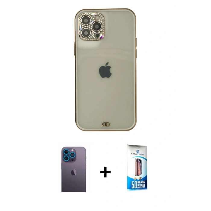 MARSİLYAN™- iPhone 12 Pro Max Kılıf Eksen Minimal Koleksiyonu - Siyah 5D Eko Cam Ekran Koruyucu + Neon Fosforlu Kamera Lens - MI