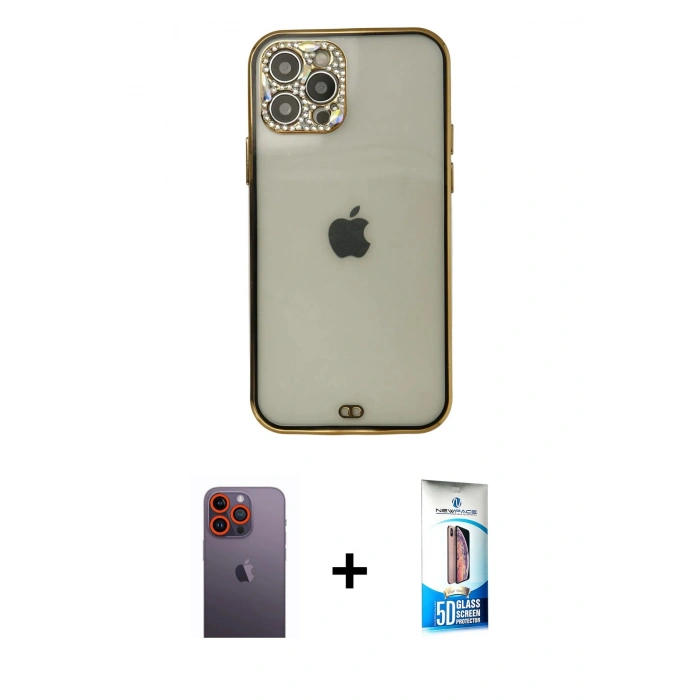 MARSİLYAN™- iPhone 12 Pro Max Kılıf Eksen Minimal Koleksiyonu - Siyah 5D Eko Cam Ekran Koruyucu + Neon Fosforlu Kamera Lens - TU