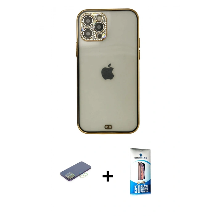 MARSİLYAN™- iPhone 12 Pro Max Kılıf Eksen Minimal Koleksiyonu - Siyah 5D Eko Cam Ekran Koruyucu + Renkli Kamera Lens Koruma Cam - YL