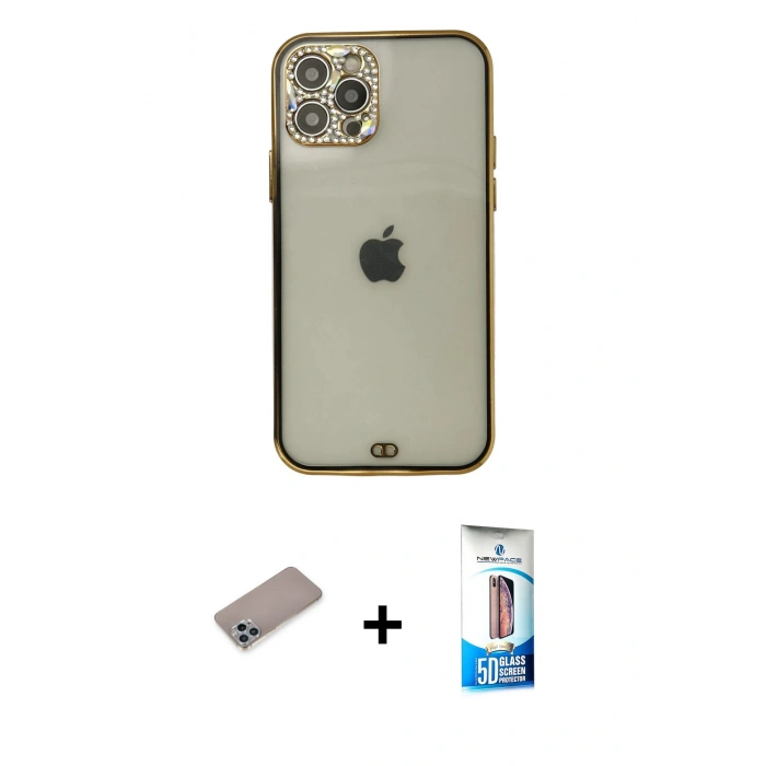 MARSİLYAN™- iPhone 12 Pro Max Kılıf Eksen Minimal Koleksiyonu - Siyah 5D Eko Cam Ekran Koruyucu + Sierra Blue Shine Kamera Lens Koruma Cam