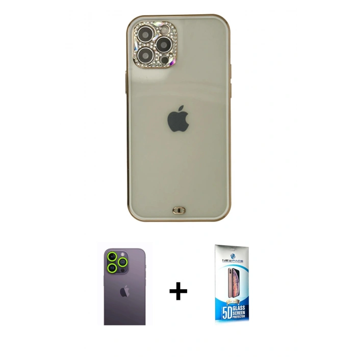MARSİLYAN™- iPhone 12 Pro Max Kılıf Eksen Minimal Koleksiyonu - Siyah 5D Eko Cam Ekran Koruyucu + Neon Fosforlu Kamera Lens - YL