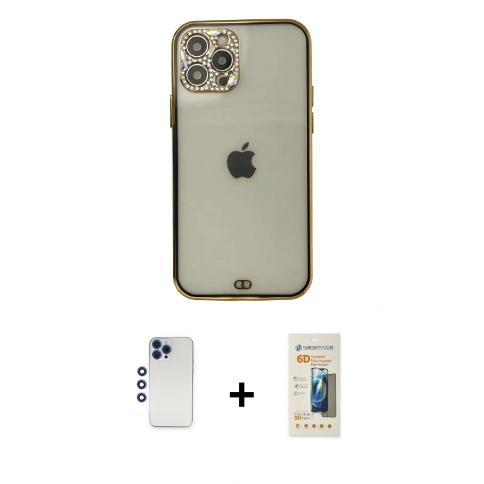 MARSİLYAN™- iPhone 12 Pro Max Kılıf Eksen Minimal Koleksiyonu - Siyah 6D Mat Seramik Hayalet Nano Ekran Koruyucu + Shine Kamera Lens - LT