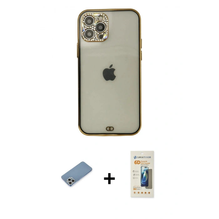 MARSİLYAN™- iPhone 12 Pro Max Kılıf Eksen Minimal Koleksiyonu - Siyah 6D Mat Seramik Hayalet Nano Ekran Koruyucu + Shine Kamera Lens Koruma Cam - GS