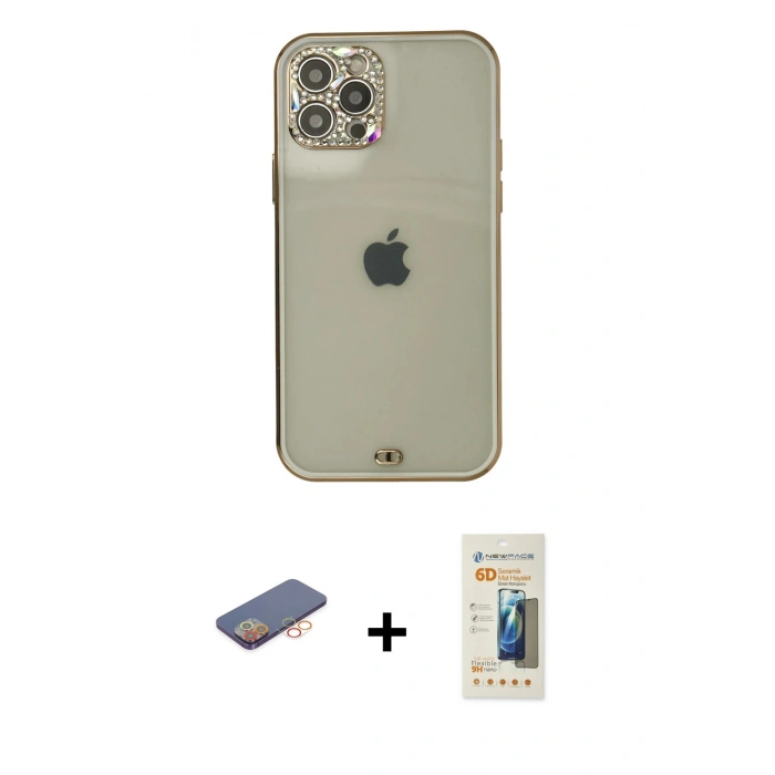 MARSİLYAN™- iPhone 12 Pro Max Kılıf Eksen Minimal Koleksiyonu - Siyah 6D Mat Seramik Hayalet Nano Ekran Koruyucu + Renkli Kamera Lens Koruma Cam - TU