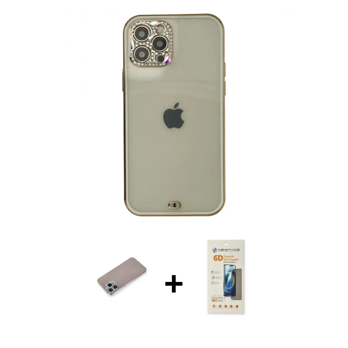 MARSİLYAN™- iPhone 12 Pro Max Kılıf Eksen Minimal Koleksiyonu - Siyah 6D Mat Seramik Hayalet Nano Ekran Koruyucu + Shine Kamera Lens Koruma Cam - SABE
