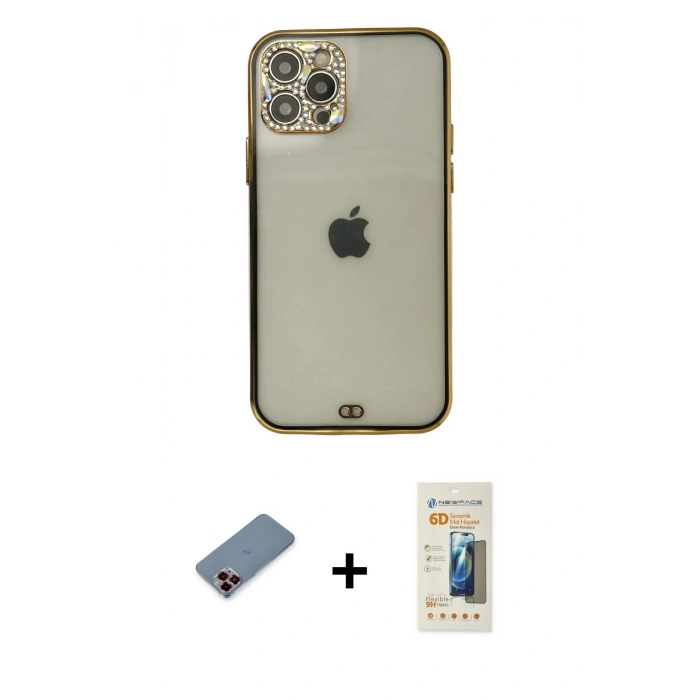 MARSİLYAN™- iPhone 12 Pro Max Kılıf Eksen Minimal Koleksiyonu - Siyah 6D Mat Seramik Hayalet Nano Ekran Koruyucu + Metal Kamera Lens Koruma Cam - KI