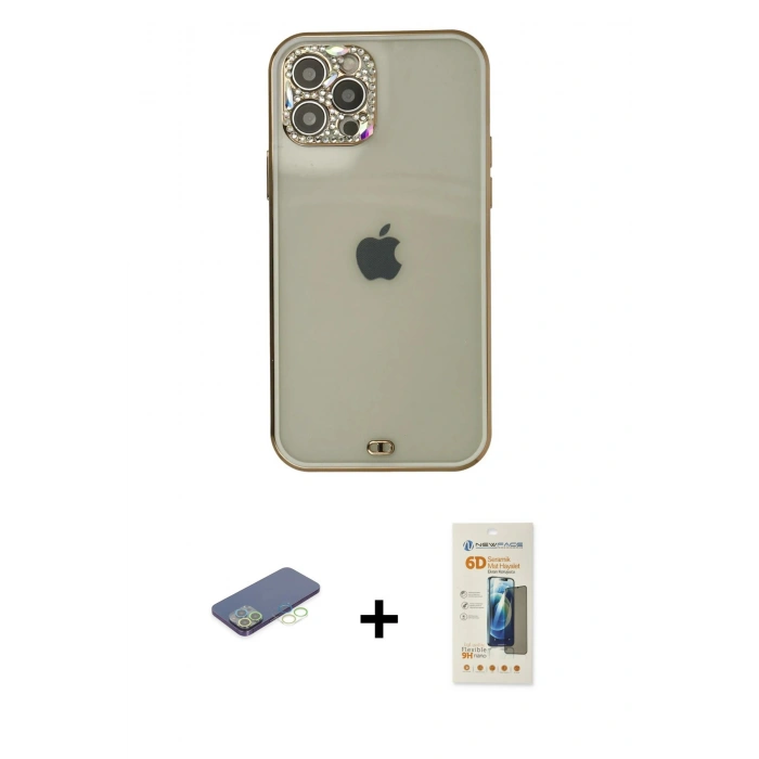MARSİLYAN™- iPhone 12 Pro Max Kılıf Eksen Minimal Koleksiyonu - Siyah 6D Mat Seramik Hayalet Nano Ekran Koruyucu + Renkli Kamera Lens Koruma Cam - YL