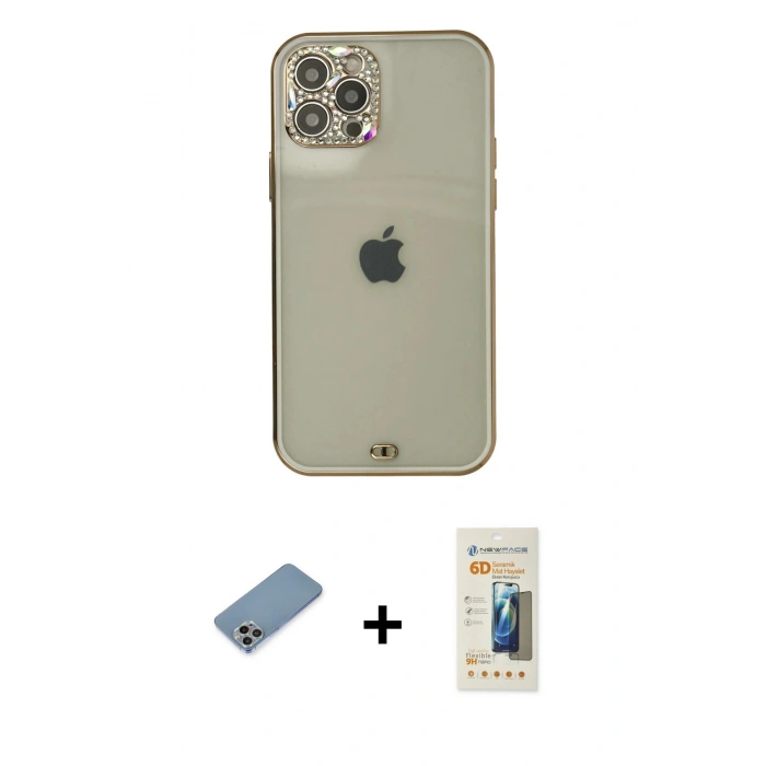 MARSİLYAN™- iPhone 12 Pro Max Kılıf Eksen Minimal Koleksiyonu - Siyah 6D Mat Seramik Hayalet Nano Ekran Koruyucu + Shine Kamera Lens Koruma Cam - GI