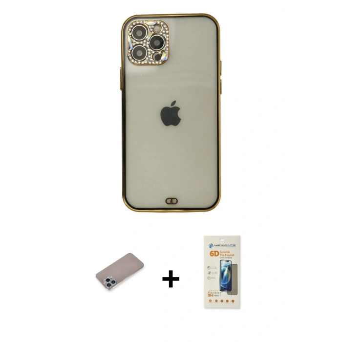 MARSİLYAN™- iPhone 12 Pro Max Kılıf Eksen Minimal Koleksiyonu - Siyah 6D Mat Seramik Hayalet Nano Ekran Koruyucu + Shine Kamera Lens Koruma Cam - SABE