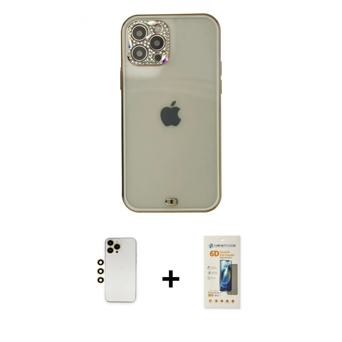 MARSİLYAN™- iPhone 12 Pro Max Kılıf Eksen Minimal Koleksiyonu - Siyah 6D Mat Seramik Hayalet Nano Ekran Koruyucu + Gold Shine Kamera Lens