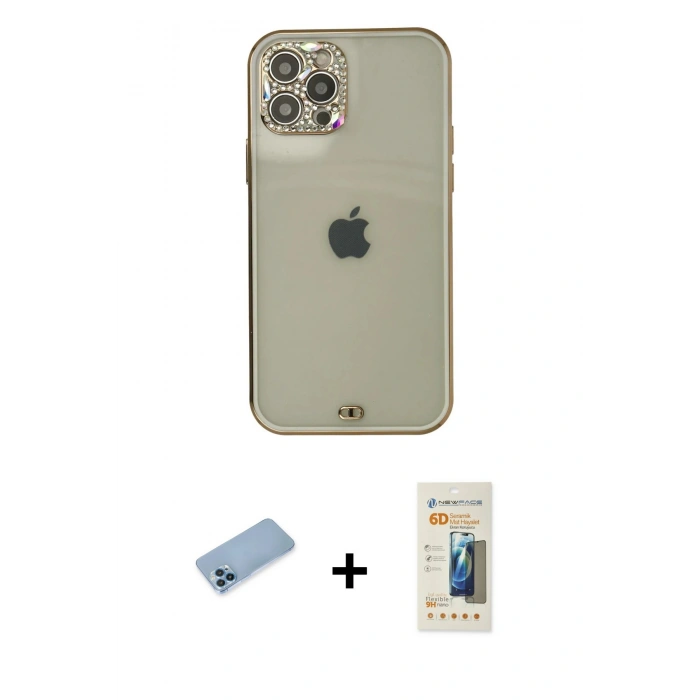 MARSİLYAN™- iPhone 12 Pro Max Kılıf Eksen Minimal Koleksiyonu - Siyah 6D Mat Seramik Hayalet Nano Ekran Koruyucu + Shine Kamera Lens Koruma Cam - MI