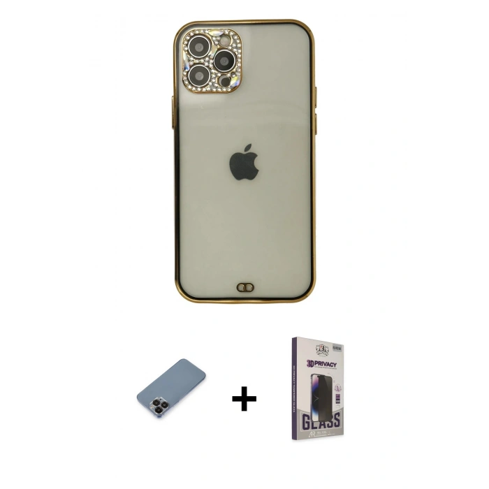 MARSİLYAN™- iPhone 12 Pro Max Kılıf Eksen Minimal Koleksiyonu - Siyah Bilvis Hayalet Cam Ekran Koruyucu + Siyah Metal Kamera Lens Koruma Cam