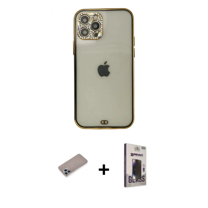 MARSİLYAN™- iPhone 12 Pro Max Kılıf Eksen Minimal Koleksiyonu - Siyah Bilvis Hayalet Cam Ekran Koruyucu + Shine Kamera Lens Koruma Cam - SABE
