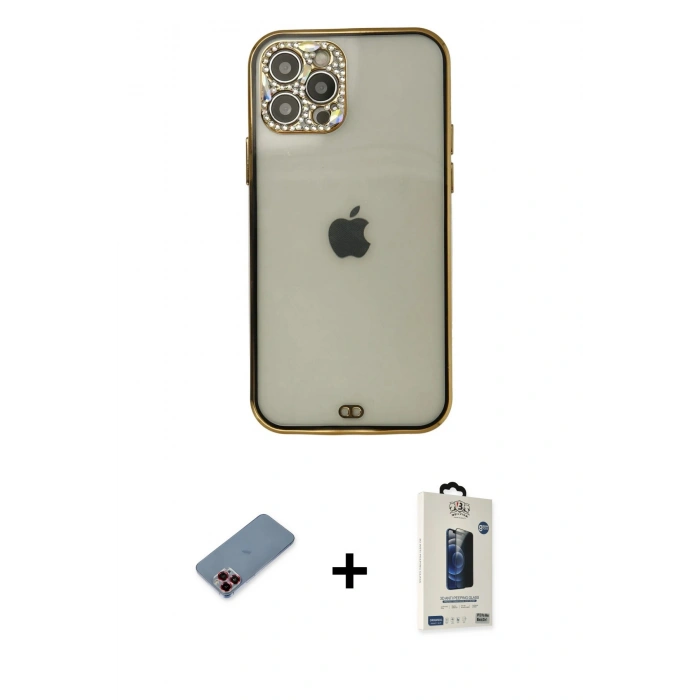 MARSİLYAN™- iPhone 12 Pro Max Kılıf Eksen Minimal Koleksiyonu - Siyah Bilvis Hayalet Cam Ekran Koruyucu + Metal Kamera Lens Koruma Cam - KI