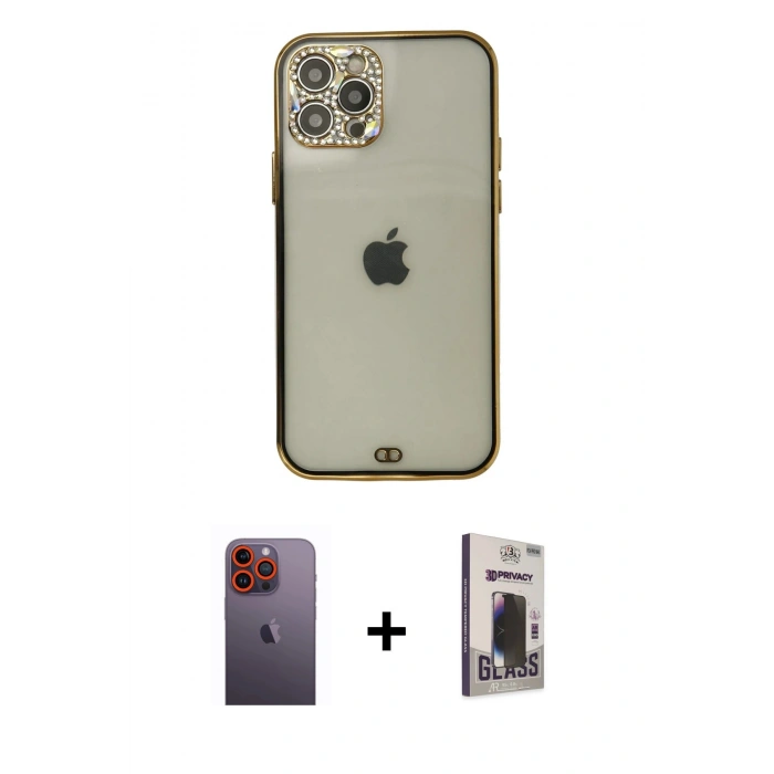 MARSİLYAN™- iPhone 12 Pro Max Kılıf Eksen Minimal Koleksiyonu - Siyah Bilvis Hayalet Cam Ekran Koruyucu + Neon Fosforlu Kamera Lens - TU