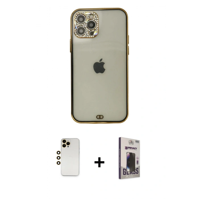 MARSİLYAN™- iPhone 12 Pro Max Kılıf Eksen Minimal Koleksiyonu - Siyah Bilvis Hayalet Cam Ekran Koruyucu + Shine Kamera Lens - GD