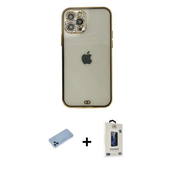 MARSİLYAN™- iPhone 12 Pro Max Kılıf Eksen Minimal Koleksiyonu - Siyah Bilvis Hayalet Cam Ekran Koruyucu + Shine Kamera Lens Koruma Cam - MI