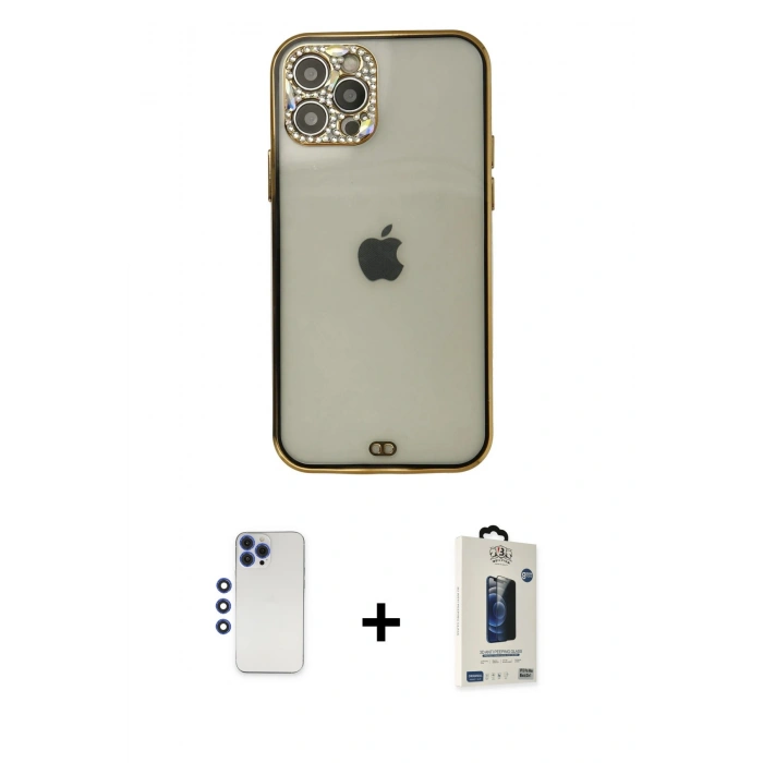 MARSİLYAN™- iPhone 12 Pro Max Kılıf Eksen Minimal Koleksiyonu - Siyah Bilvis Hayalet Cam Ekran Koruyucu + Shine Kamera Lens - LT