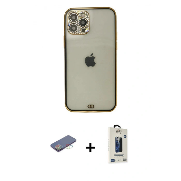 MARSİLYAN™- iPhone 12 Pro Max Kılıf Eksen Minimal Koleksiyonu - Siyah Bilvis Hayalet Cam Ekran Koruyucu + Renkli Kamera Lens Koruma Cam - MI