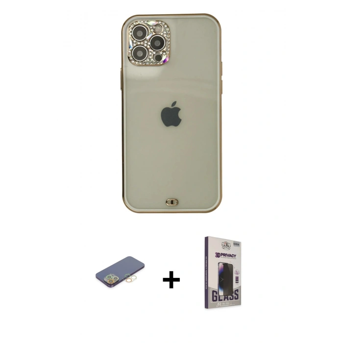 MARSİLYAN™- iPhone 12 Pro Max Kılıf Eksen Minimal Koleksiyonu - Siyah Bilvis Hayalet Cam Ekran Koruyucu + Renkli Kamera Lens Koruma Cam - SI