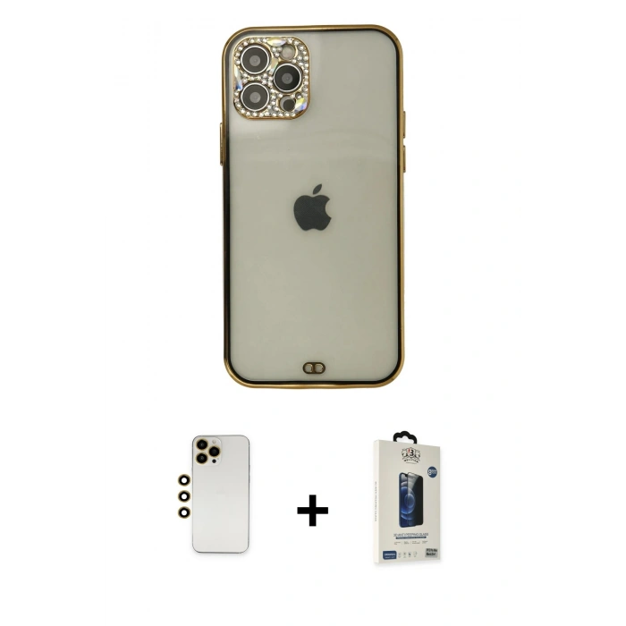 MARSİLYAN™- iPhone 12 Pro Max Kılıf Eksen Minimal Koleksiyonu - Siyah Bilvis Hayalet Cam Ekran Koruyucu + Shine Kamera Lens - GD