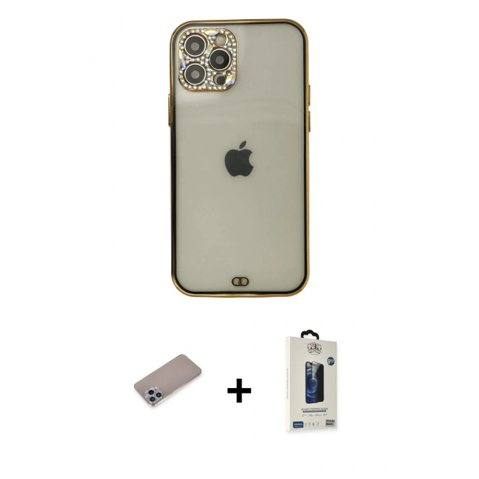 MARSİLYAN™- iPhone 12 Pro Max Kılıf Eksen Minimal Koleksiyonu - Siyah Bilvis Hayalet Cam Ekran Koruyucu + Sierra Blue Shine Kamera Lens Koruma Cam