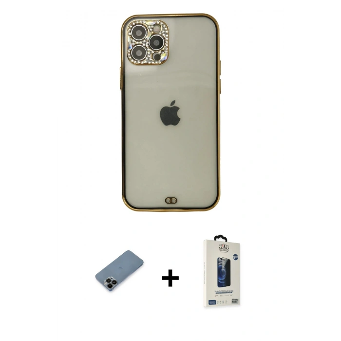 MARSİLYAN™- iPhone 12 Pro Max Kılıf Eksen Minimal Koleksiyonu - Siyah Bilvis Hayalet Cam Ekran Koruyucu + Shine Kamera Lens Koruma Cam - SH