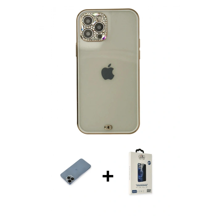 MARSİLYAN™- iPhone 12 Pro Max Kılıf Eksen Minimal Koleksiyonu - Siyah Bilvis Hayalet Cam Ekran Koruyucu + Shine Kamera Lens Koruma Cam - SH