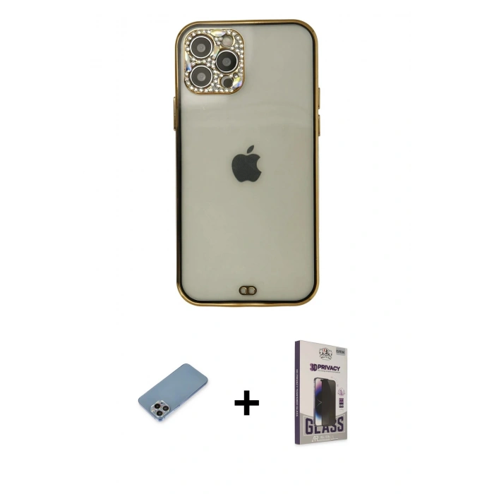 MARSİLYAN™- iPhone 12 Pro Max Kılıf Eksen Minimal Koleksiyonu - Siyah Bilvis Hayalet Cam Ekran Koruyucu + Gökkuşağı Shine Kamera Lens Koruma Cam
