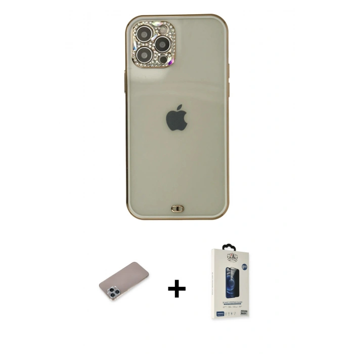 MARSİLYAN™- iPhone 12 Pro Max Kılıf Eksen Minimal Koleksiyonu - Siyah Bilvis Hayalet Cam Ekran Koruyucu + Sierra Blue Shine Kamera Lens Koruma Cam
