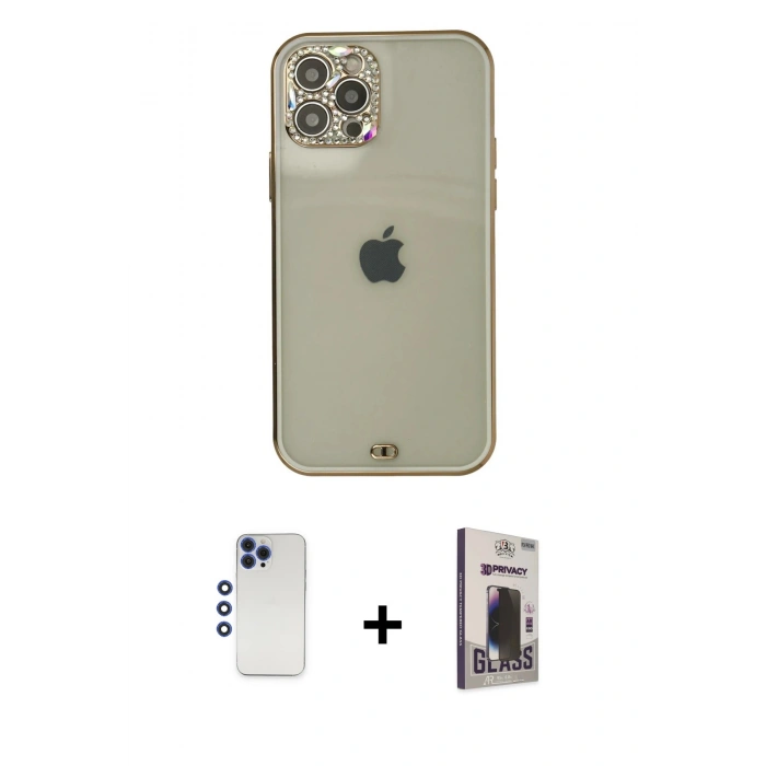 MARSİLYAN™- iPhone 12 Pro Max Kılıf Eksen Minimal Koleksiyonu - Siyah Bilvis Hayalet Cam Ekran Koruyucu + Shine Kamera Lens - LT