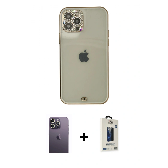 MARSİLYAN™- iPhone 12 Pro Max Kılıf Eksen Minimal Koleksiyonu - Siyah Bilvis Hayalet Cam Ekran Koruyucu + Neon Fosforlu Kamera Lens - BZ