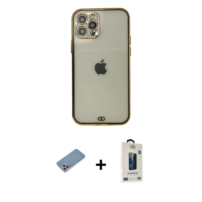 MARSİLYAN™- iPhone 12 Pro Max Kılıf Eksen Minimal Koleksiyonu - Siyah Bilvis Hayalet Cam Ekran Koruyucu + Shine Kamera Lens Koruma Cam - GS