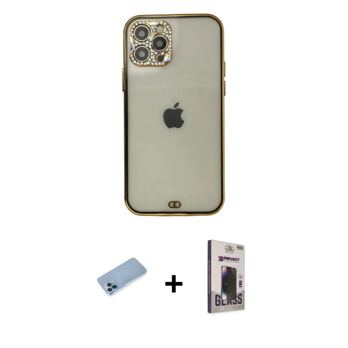 MARSİLYAN™- iPhone 12 Pro Max Kılıf Eksen Minimal Koleksiyonu - Siyah Bilvis Hayalet Cam Ekran Koruyucu + Shine Kamera Lens Koruma Cam - MI