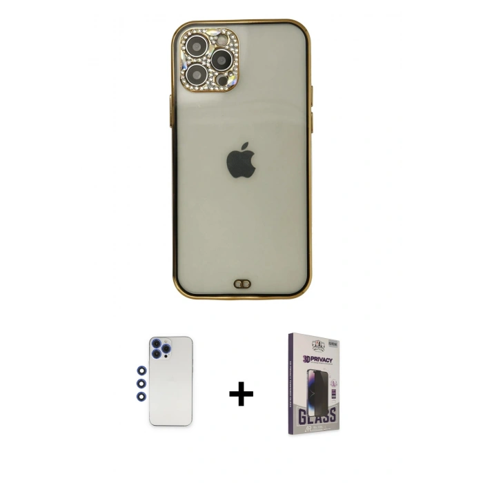 MARSİLYAN™- iPhone 12 Pro Max Kılıf Eksen Minimal Koleksiyonu - Siyah Bilvis Hayalet Cam Ekran Koruyucu + Shine Kamera Lens - LT
