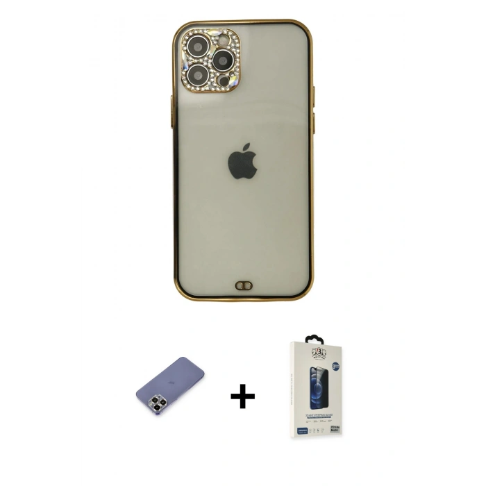 MARSİLYAN™- iPhone 12 Pro Max Kılıf Eksen Minimal Koleksiyonu - Siyah Bilvis Hayalet Cam Ekran Koruyucu + Metal Kamera Lens Koruma Cam - GD