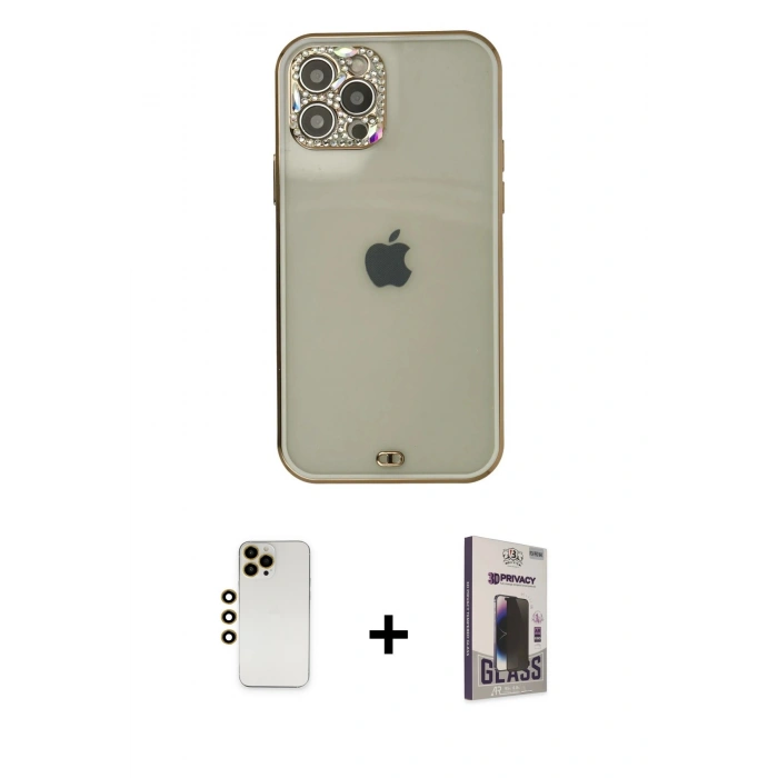 MARSİLYAN™- iPhone 12 Pro Max Kılıf Eksen Minimal Koleksiyonu - Siyah Bilvis Hayalet Cam Ekran Koruyucu + Shine Kamera Lens - GD