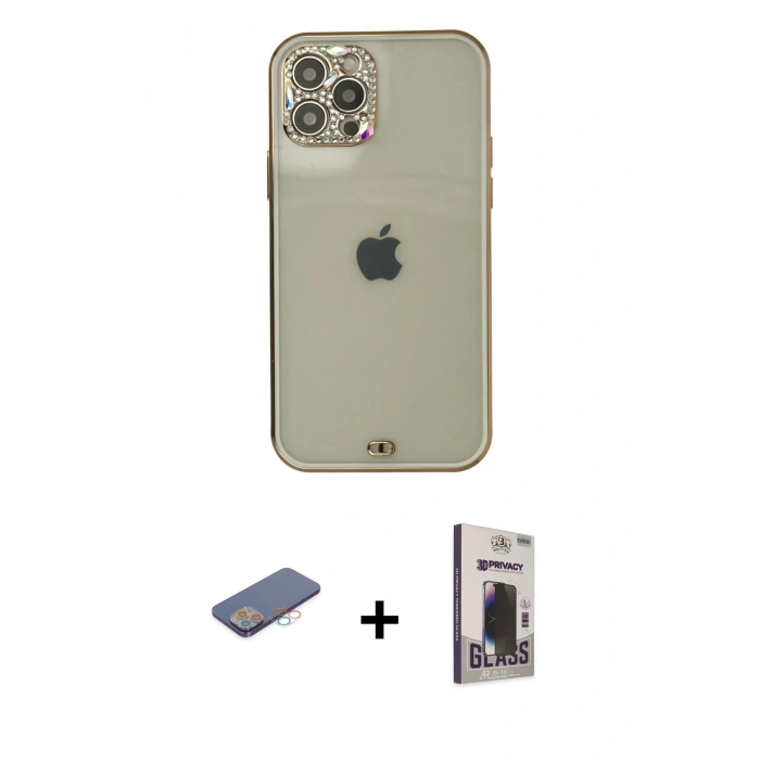 MARSİLYAN™- iPhone 12 Pro Max Kılıf Eksen Minimal Koleksiyonu - Siyah Bilvis Hayalet Cam Ekran Koruyucu + Pembe Renkli Kamera Lens Koruma Cam