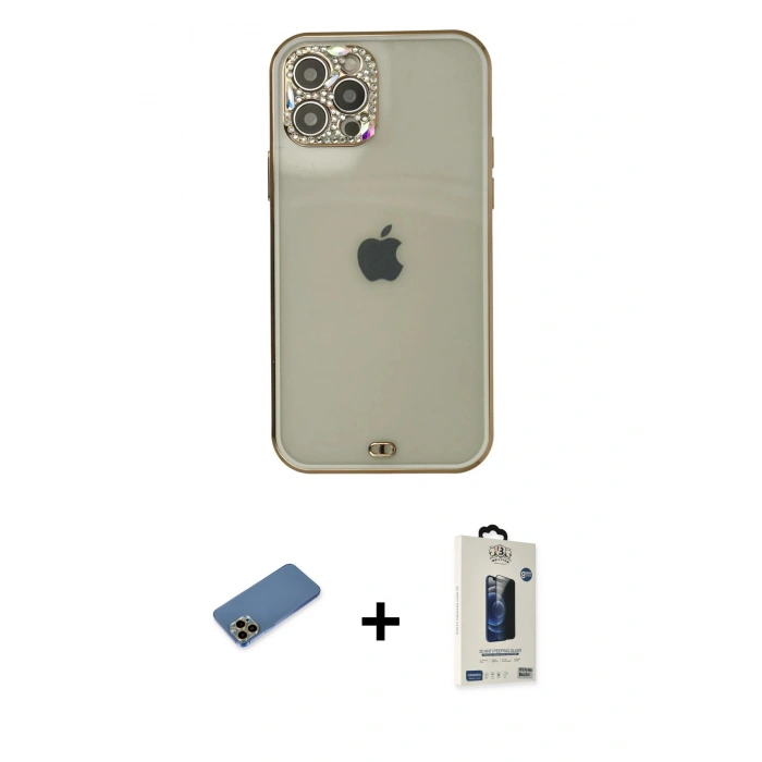 MARSİLYAN™- iPhone 12 Pro Max Kılıf Eksen Minimal Koleksiyonu - Siyah Bilvis Hayalet Cam Ekran Koruyucu + Shine Kamera Lens Koruma Cam - GD