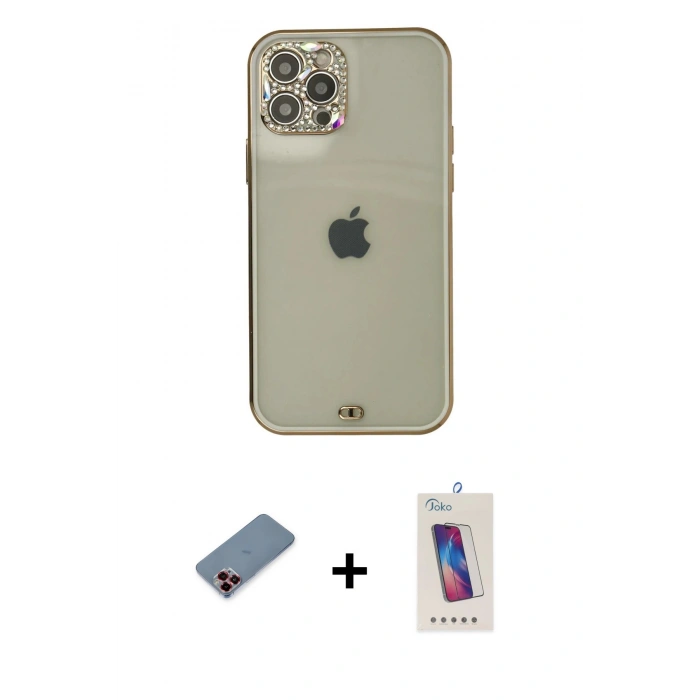 MARSİLYAN™- iPhone 12 Pro Max Kılıf Eksen Minimal Koleksiyonu - Siyah Joko 5D Cam + Kırmızı Metal Kamera Lens Koruma Cam